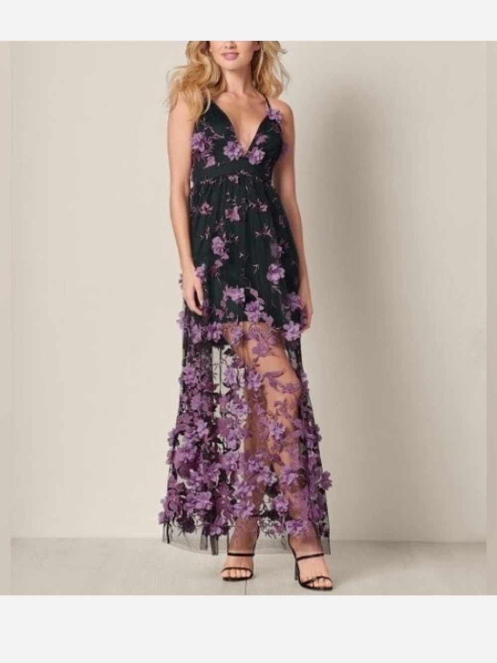 "NEW" Beautiful VENUS Black Mesh High-Low Dress with Purple Floral Appliqué